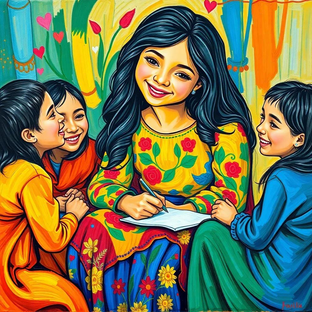 Leila, a young Arab girl with long dark hair in a colorful dress, drawing her friends sitting together, joy and creativity all around, vibrant colors, heartwarming scene, high quality