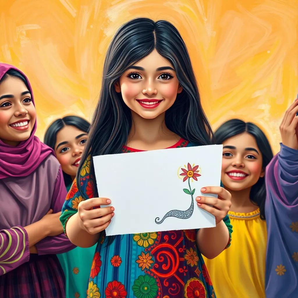 Leila, a young Arab girl with long dark hair in colorful dress, showing off her finished drawing to her friends, glowing smiles all around, lively atmosphere, bright background, high quality
