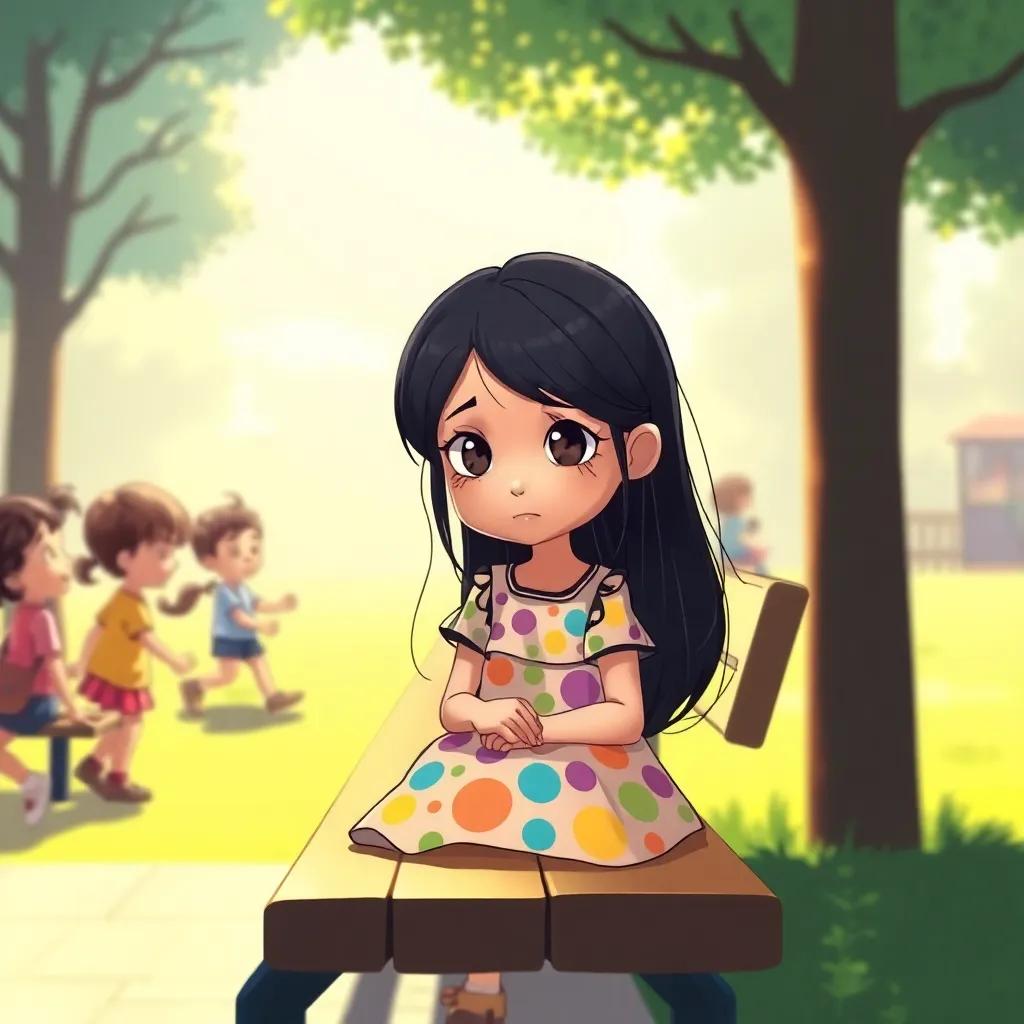 A beautiful and polite young girl, Leila, with long black hair and wearing a colorful dress, sitting alone on a school bench with a sad expression, surrounded by other children playing, digital art, bright colors, warm light, child's perspective, heartfelt scene, high quality