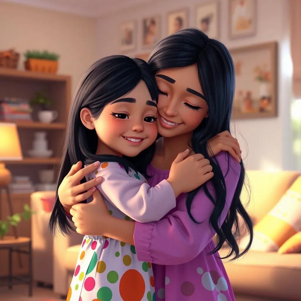 Leila, a beautiful and polite young girl, with long black hair in a colorful dress, hugging her mother who is comforting her, in a cozy living room filled with light and warmth, digital painting, uplifting atmosphere, strong bond, high quality