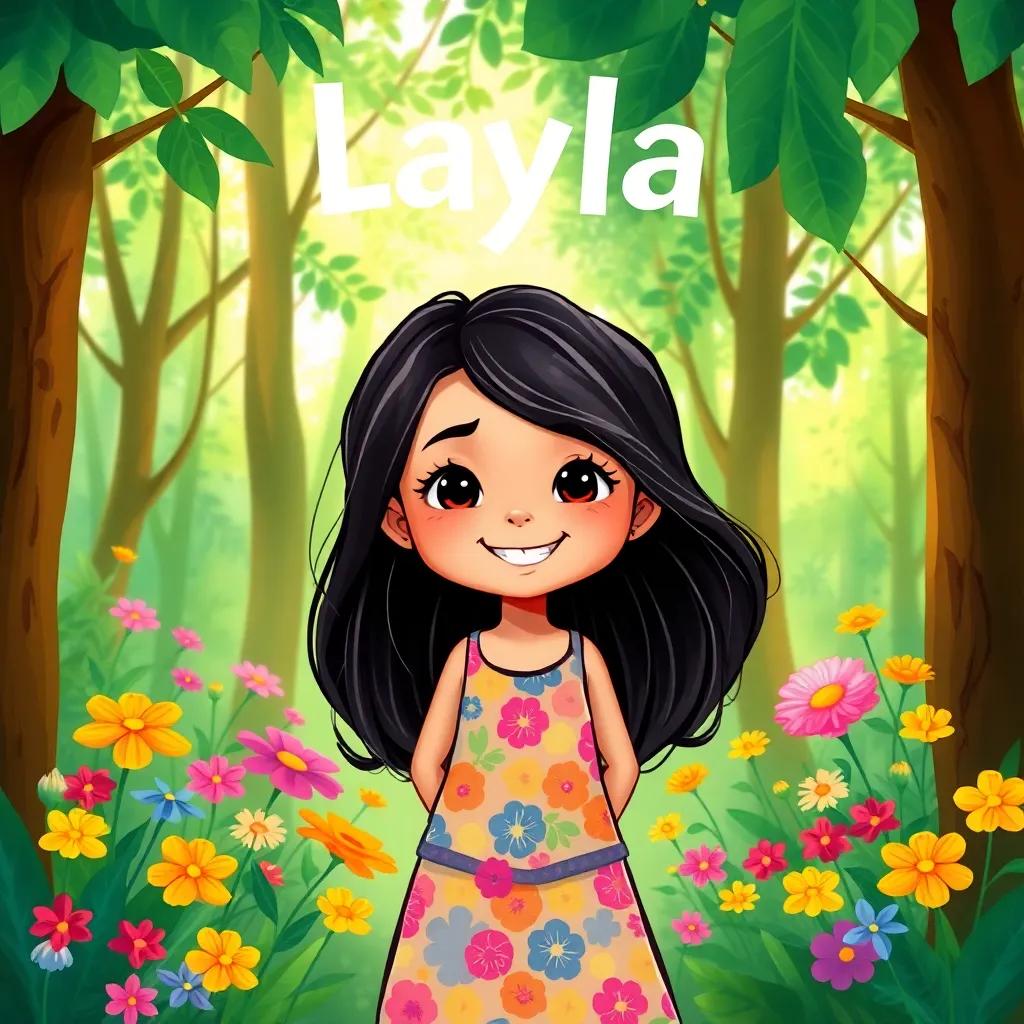 A cheerful little girl, Layla, with long dark hair, wearing a colorful dress, smiling while standing in a lush green forest, surrounded by colorful flowers, digital art, bright colors, joyful atmosphere, high quality