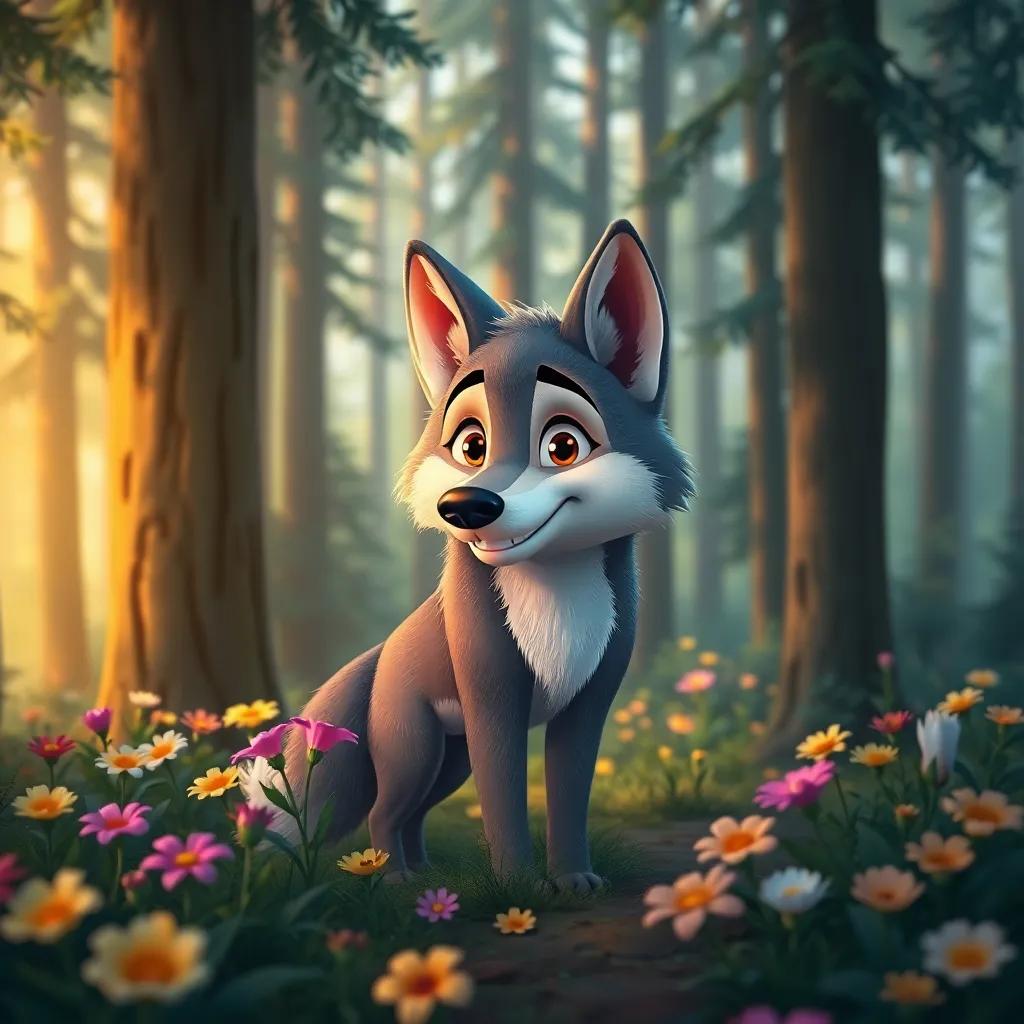 A friendly wolf in the forest surrounded by tall trees and colorful flowers, digital art, warm colors, inviting atmosphere, high quality