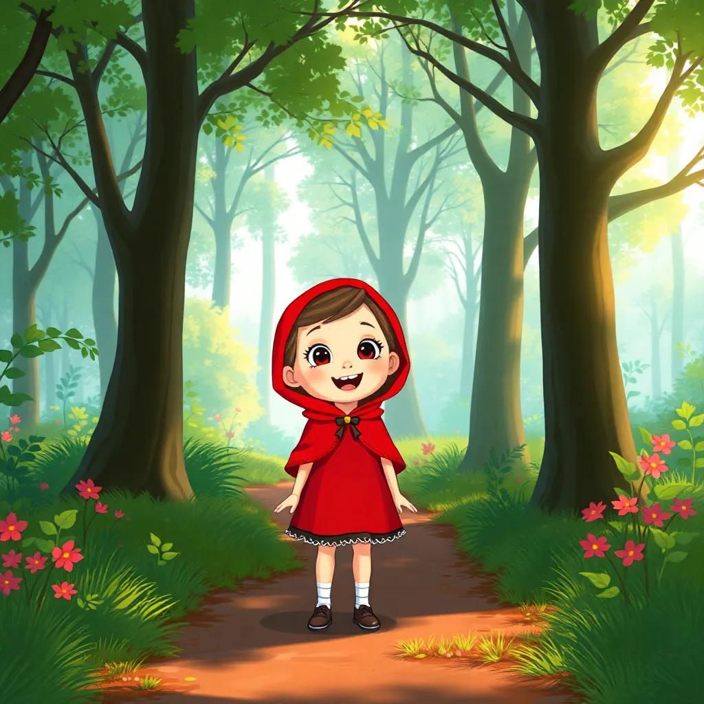 A little girl in a red riding hood, smiling and surprised, standing on a forest path with sunlight filtering through the trees, illustration, cheerful, vibrant colors, child-friendly