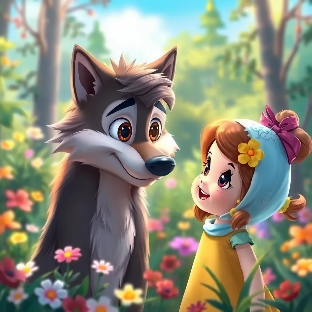 A curious wolf talking to the little girl, cheerful expression, bright forest background, colorful flowers, digital painting, friendly, lively atmosphere