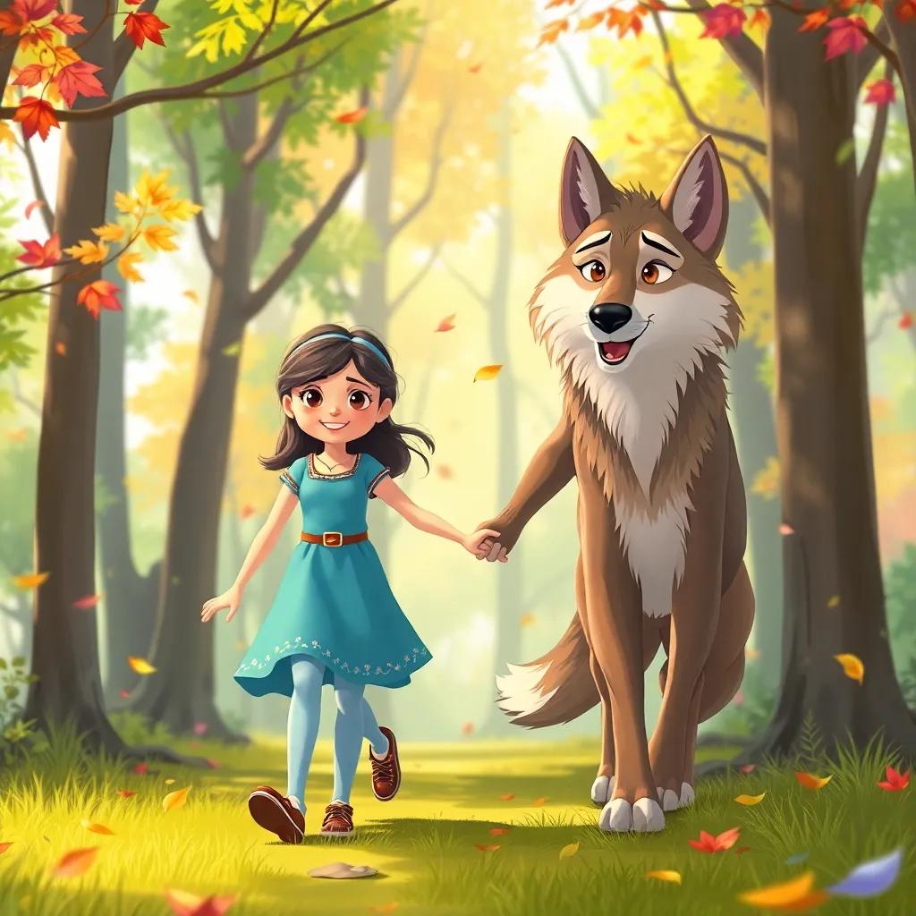 The girl holding hands with the wolf, walking together through a beautiful forest, colorful leaves fluttering around them, illustration, bright and joyful, adventure-themed