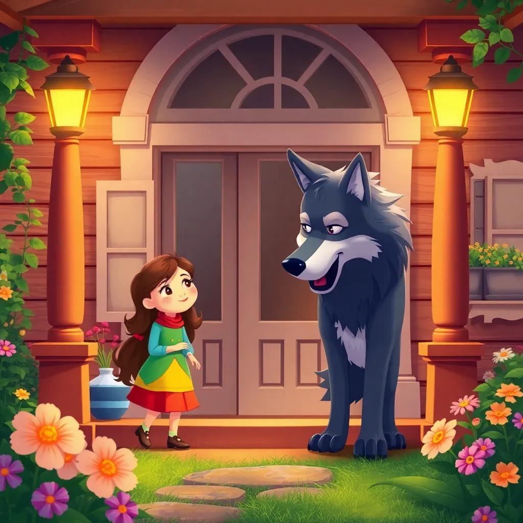 The girl and the wolf arriving at a cute grandmother's house, warm colors, inviting porch, bright flowers in the garden, illustration, cozy and friendly, high quality