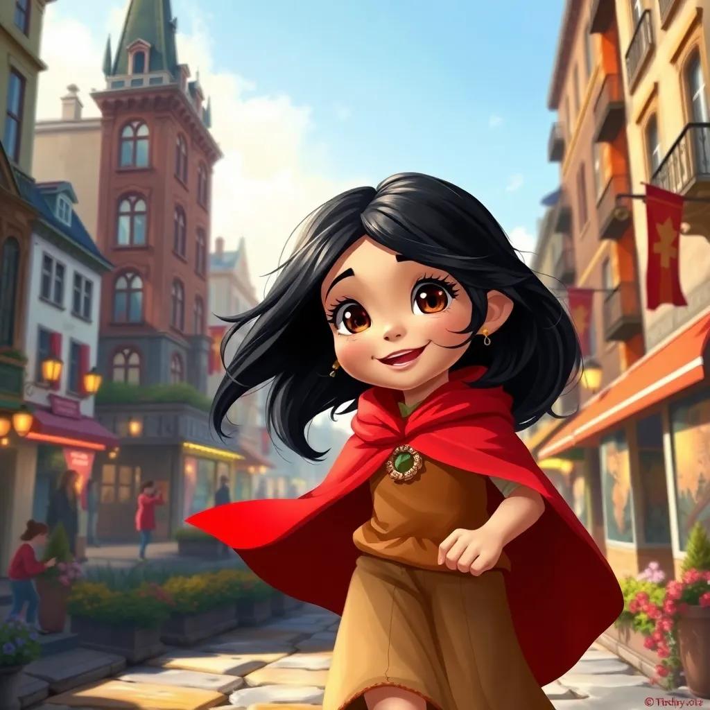 A cheerful young girl, Leila, with long black hair and bright eyes, wearing a beautiful red cloak, walking excitedly along a path in a lively city, with tall buildings and bustling streets, digital art, vibrant colors, warm light, inviting atmosphere, high quality