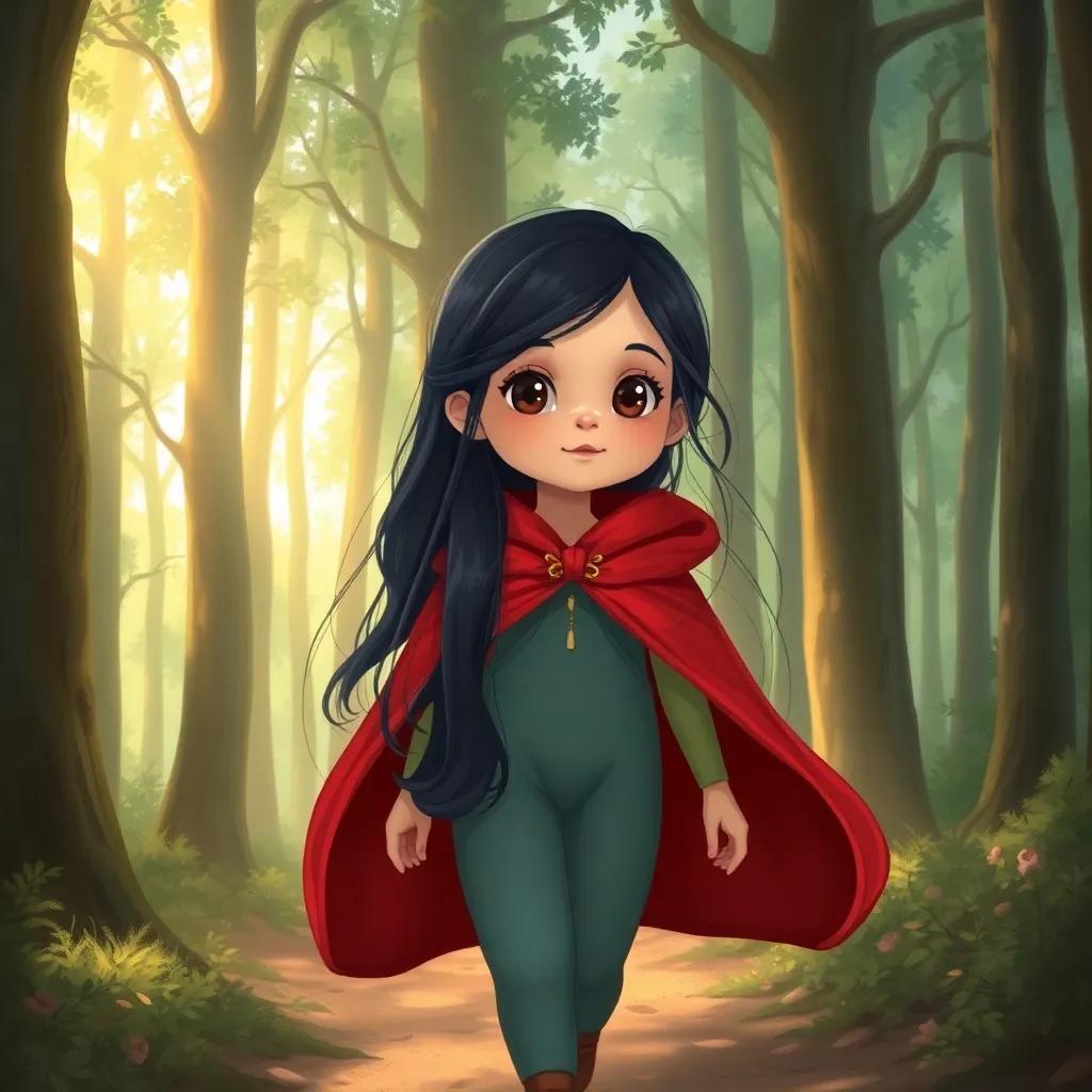 A curious young girl, Leila, with long black hair and bright eyes, wearing a beautiful red cloak, walking through an enchanting forest filled with tall trees and dappled sunlight filtering through the leaves, illustration, magical, serene, child-friendly, high quality