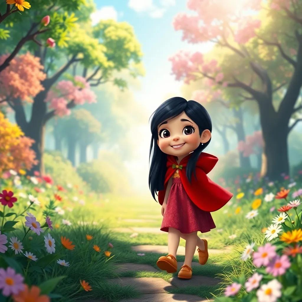 A small girl, Leila, with long black hair wearing a red cape, happily walking in a colorful forest full of trees and flowers, bright sunlight shining, cheerful atmosphere, digital art, vibrant colors, enchanting scenery, high quality