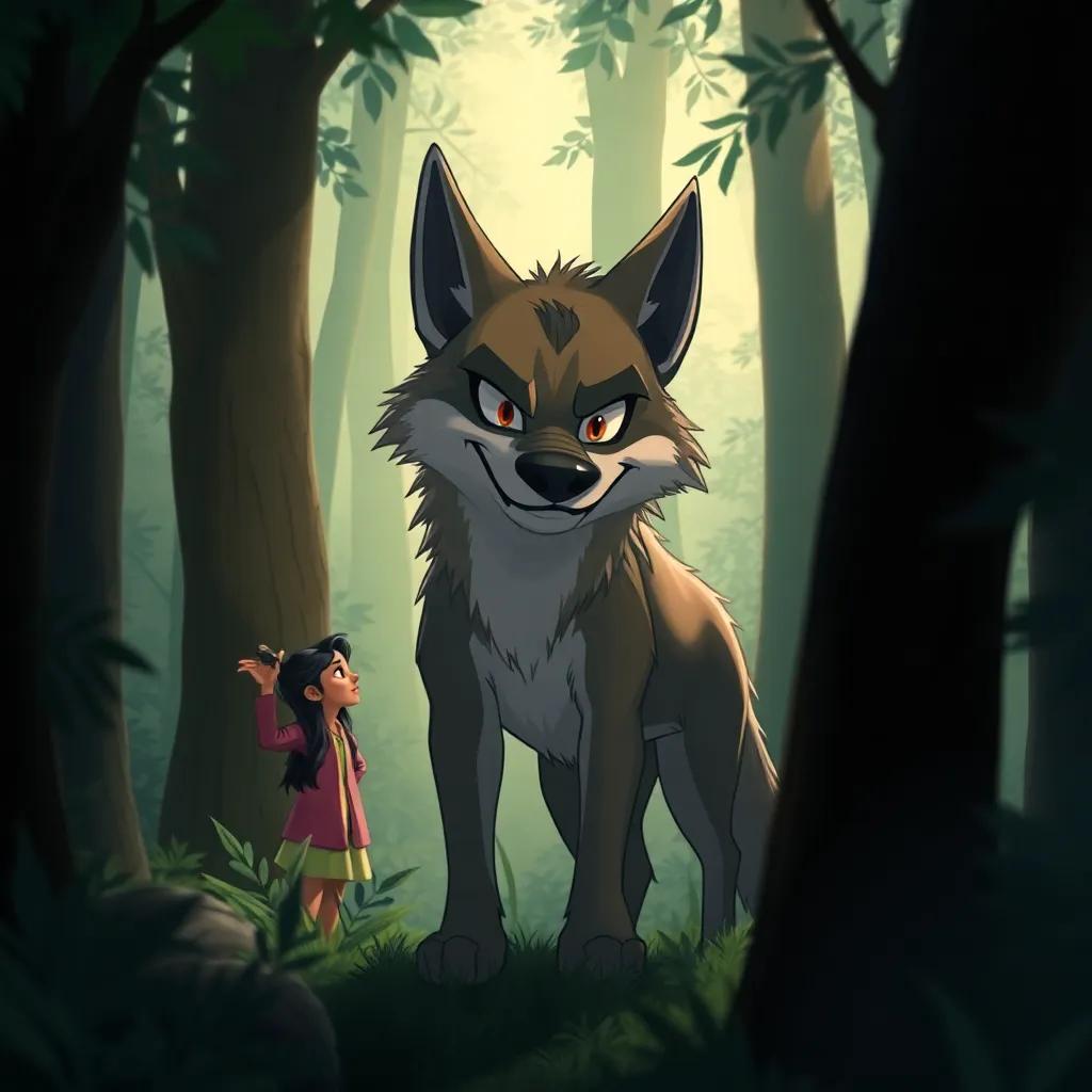 A cunning wolf, with sharp eyes and a sly smile, standing among the trees in a dense forest, watching Leila with a mischievous expression, shadows and light playing around, illustrative style, mysterious, engaging detail, high quality