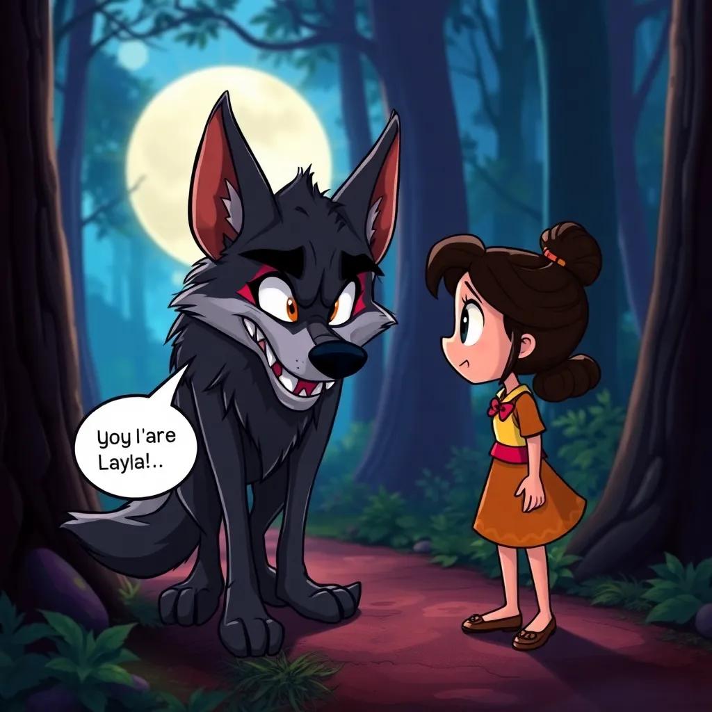 A sly wolf, looking sneaky, with sharp teeth and dark fur, speaking to Layla on the forest path, interacting in a mischievous way, colorful illustration, engaging, cartoon style, bright colors, storytelling view