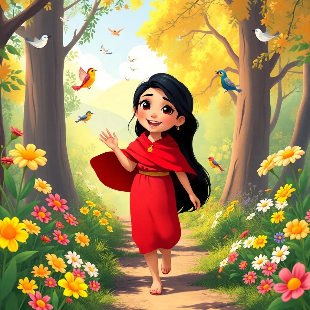 A young Arab girl, Layla, with long black hair, wearing a bright red cloak, walking happily in a sunny forest surrounded by colorful flowers and singing birds, illustration, cheerful, vibrant, enchanting atmosphere, high quality
