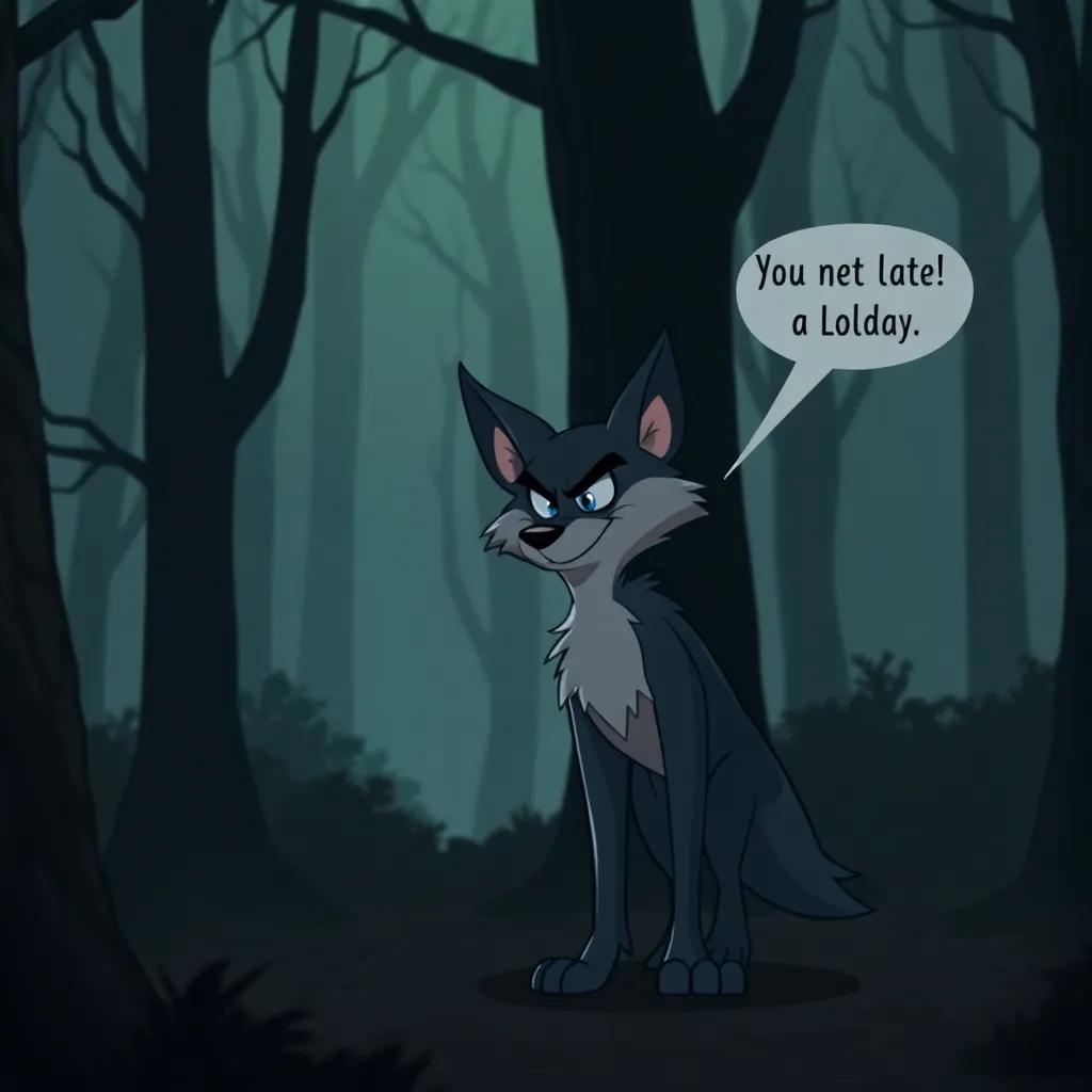 A cunning wolf standing in a shadowy part of the forest, giving a sly smile while speaking to Layla, with dark trees and a mysterious background, cartoonish style, a bit spooky, intriguing, high quality