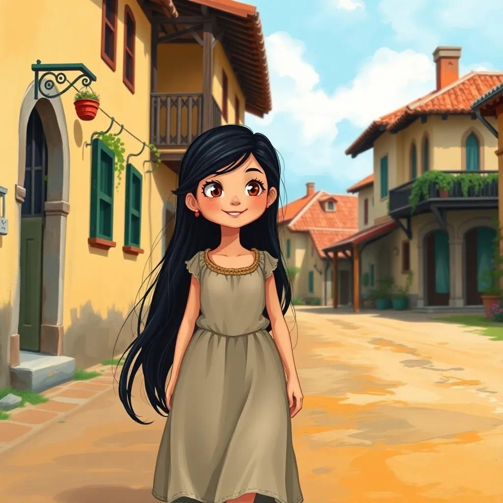 A young girl, Leila, with long black hair, wearing a simple dress, walking down a dusty village street with a warm smile, beautiful village houses in the background, cheerful atmosphere, vibrant colors, illustration, child-friendly