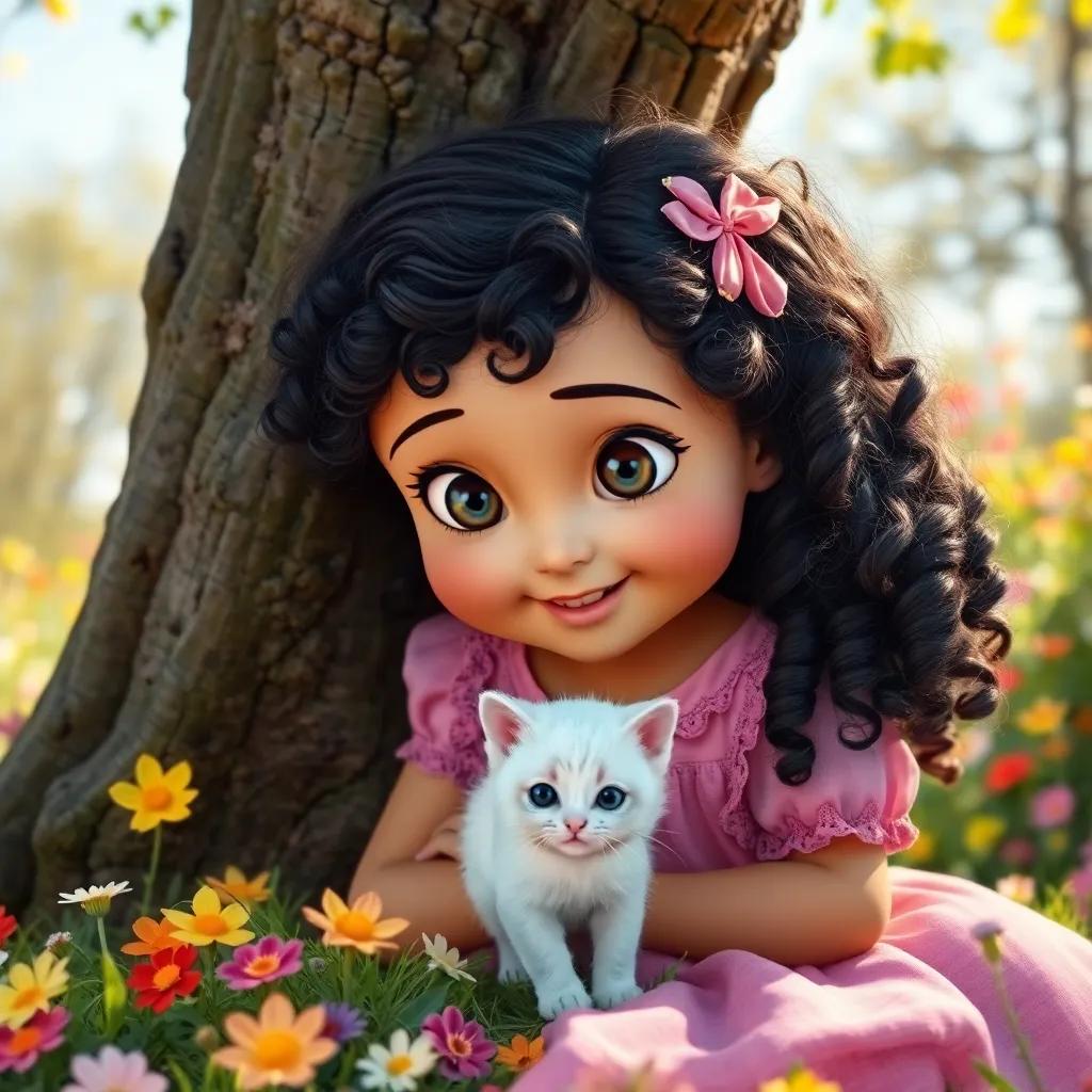 A young girl, Layla, with curly black hair and wearing a pink dress, looking under a tree with wide eyes, discovers a small white cat shivering from the cold, bright sunny day, colorful flowers around, joyful atmosphere, digital art, cheerful, child-friendly