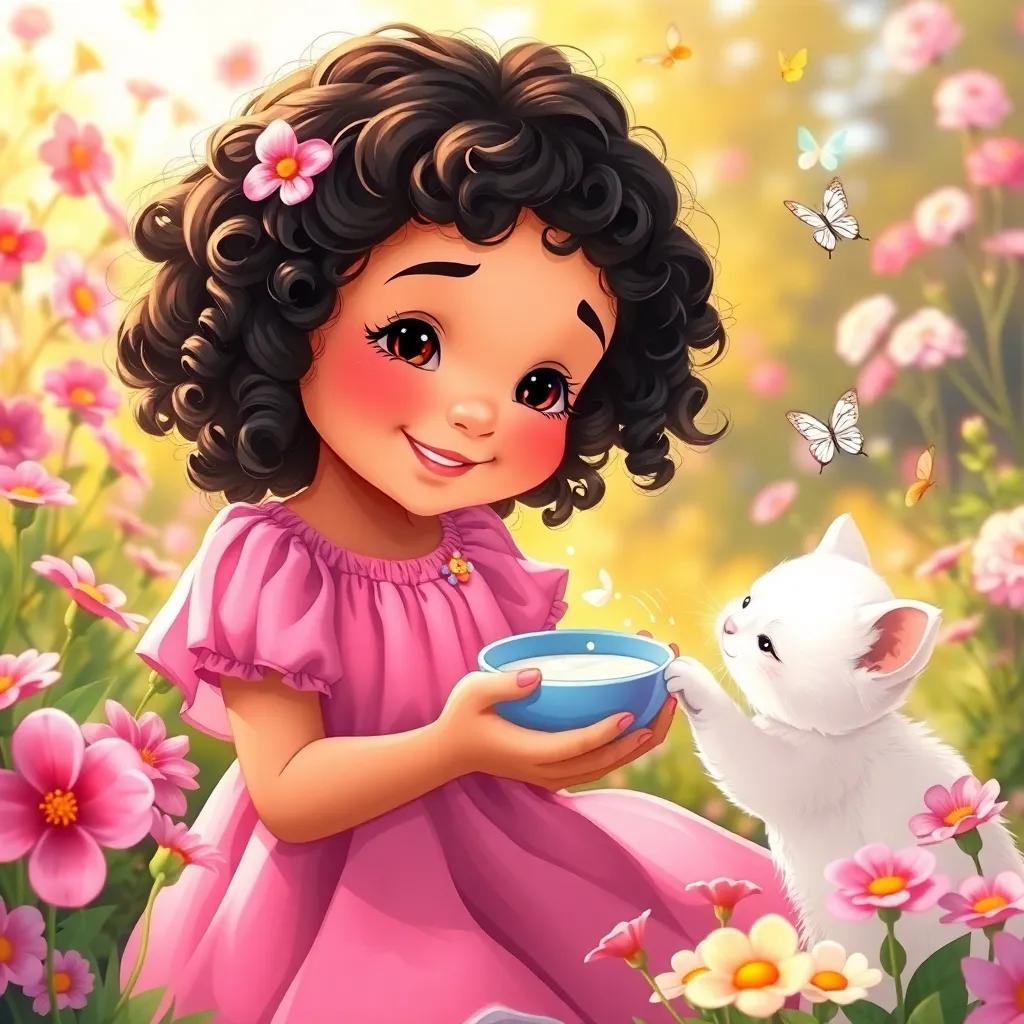 Layla, a young girl with curly black hair in a pink dress, holding a small bowl of milk with a smile, while the little white cat happily drinks in the garden, surrounded by blooming flowers and fluttering butterflies, warm light, vibrant colors, playful scene, illustration
