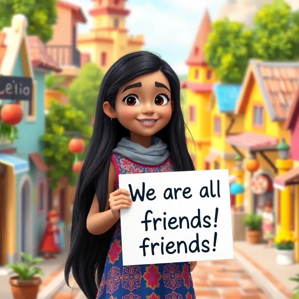 A young Arab girl, Leila, with long, dark hair, wearing a colorful dress, standing in a small vibrant town, holding a sign that says 'We are all friends!', cheerful atmosphere, digital art, bright colors, inviting scene, high quality