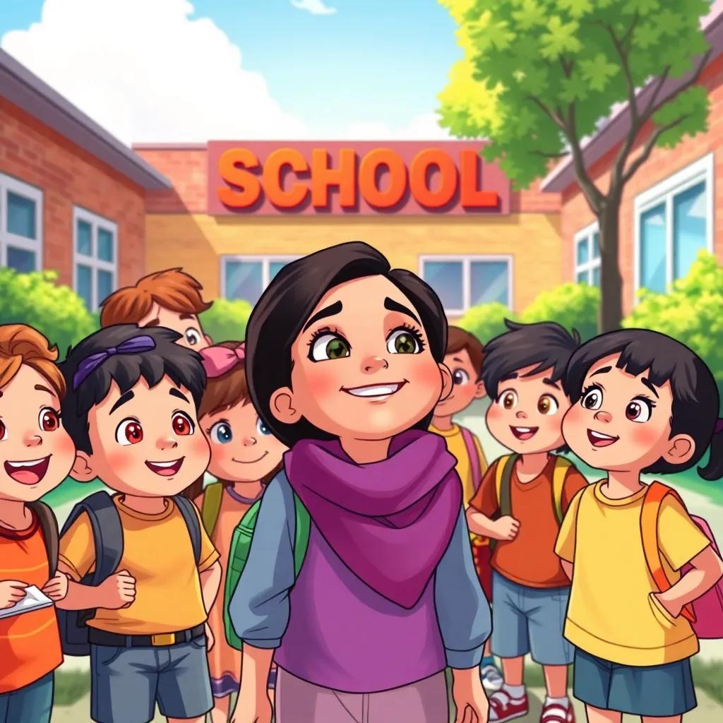 A group of kids in a schoolyard, including Leila, looking at the sign with excitement, diverse ethnicities, expressions of joy and determination, sunny day, child-friendly, illustration, uplifting mood, clear perspective, vibrant and colorful