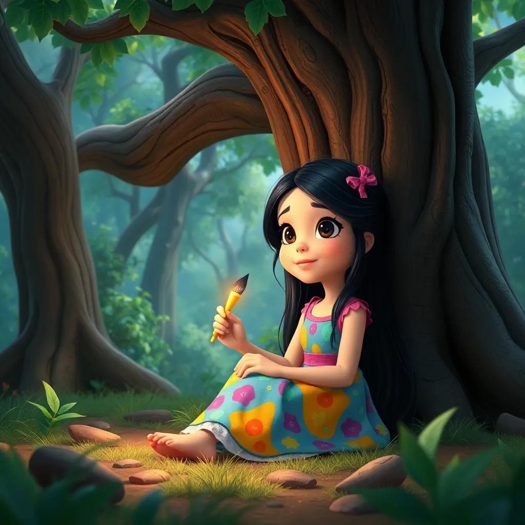 A young girl, Leila, with long black hair wearing a colorful dress, sitting under a big tree in the forest, discovering a shiny paintbrush, magical atmosphere, bright colors, child-friendly, whimsical, high quality