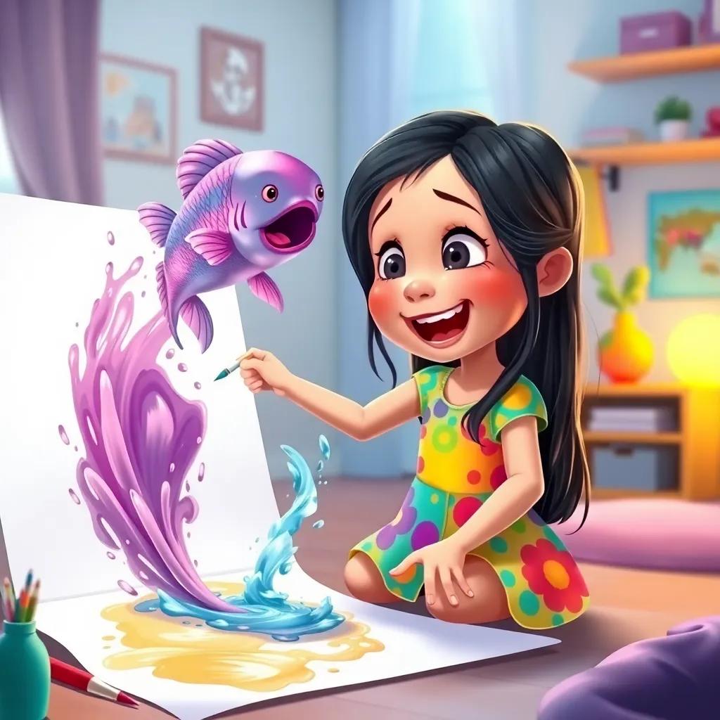 Leila, a young girl with long black hair wearing a colorful dress, excitedly painting on a white paper in her room, with a magical fish jumping out of the paper, vibrant colors, joyful atmosphere, high quality