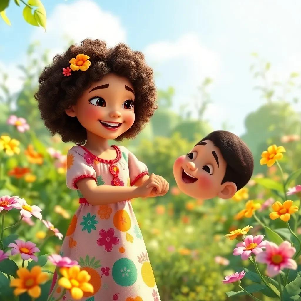 Rima, a young Arab girl with curly hair in a colorful dress, smiling at Mazen holding her hand, surrounded by flowers in a joyful garden, joyful expression, bright sunlight, fantasy lush greens, charming scene, heartwarming