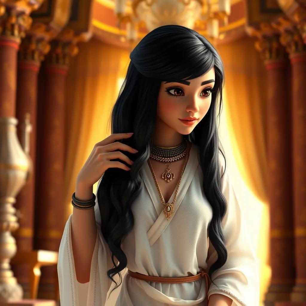 A beautiful hairdresser, a young Egyptian girl with long black hair wearing a linen dress, combing the hair of a princess in a luxurious palace, bright colors, elegant atmosphere, high quality