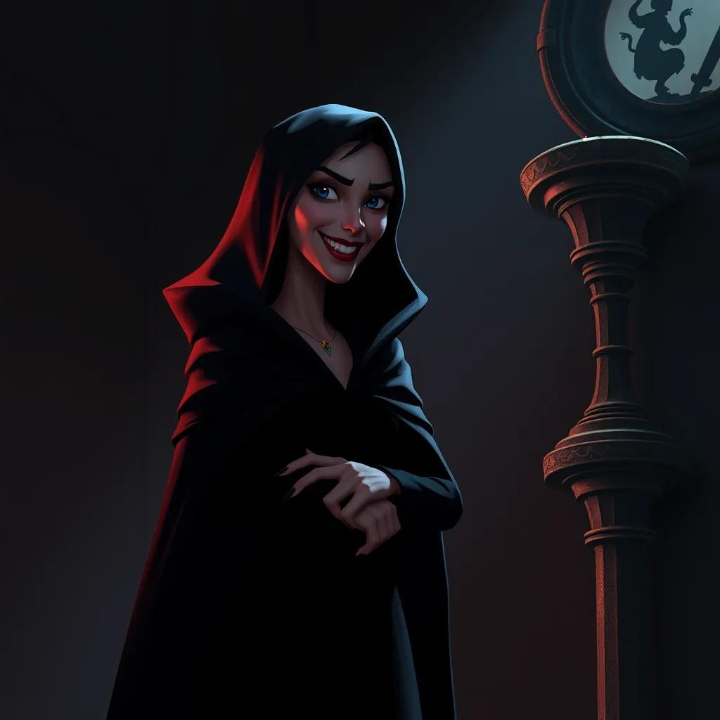 A wicked woman plotting against the princess, with a dark cloak and a sinister smile, standing in a shadowy corner of the palace, moody lighting, dramatic colors, high quality