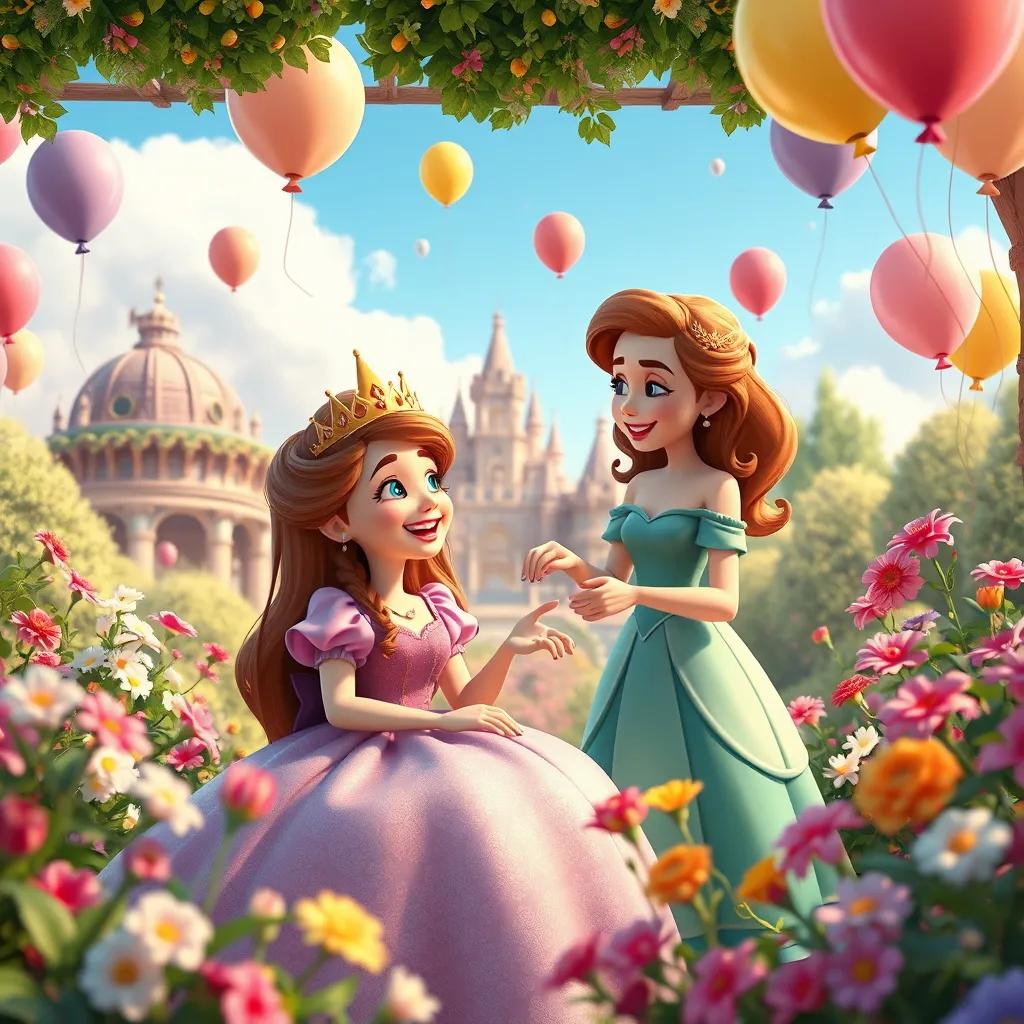 The hairdresser celebrating with the princess in the palace garden, surrounded by flowers and laughter, colorful balloons in the sky, joyful atmosphere, high quality