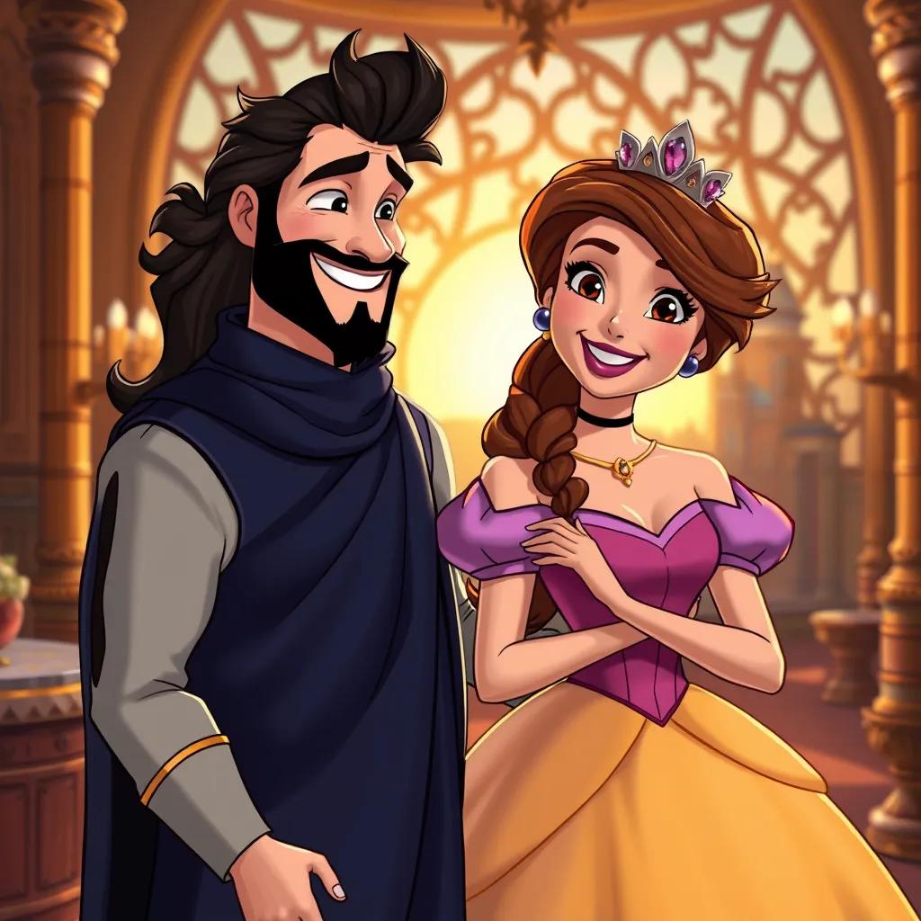 The princess and her hairdresser, both smiling happily in the palace, with the sun setting behind them, warm colors, uplifting atmosphere, high quality