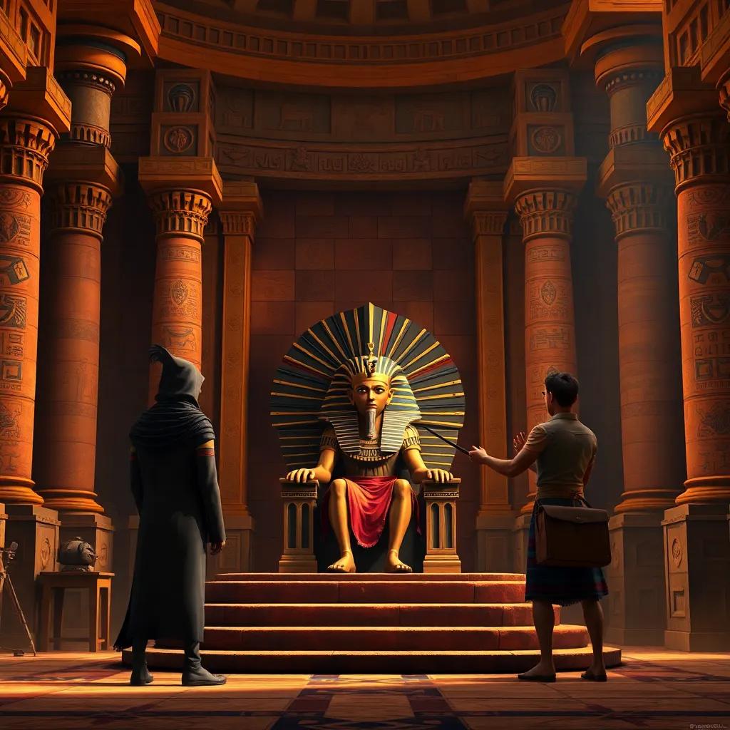 An ancient Egyptian palace with a majestic throne, showing the pharaoh sitting, looking stern while the hairdresser stands before him with courage, rich colors, dramatic lighting, tense atmosphere, highly detailed
