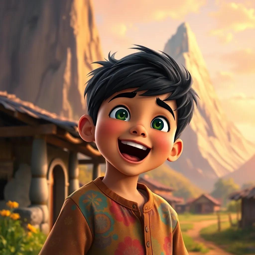 A young boy, Muhammad, with dark hair and bright eyes, wearing a colorful shirt, singing with joy in a small village near a tall mountain, cheerful atmosphere, digital art, warm colors, engaging scene, high quality