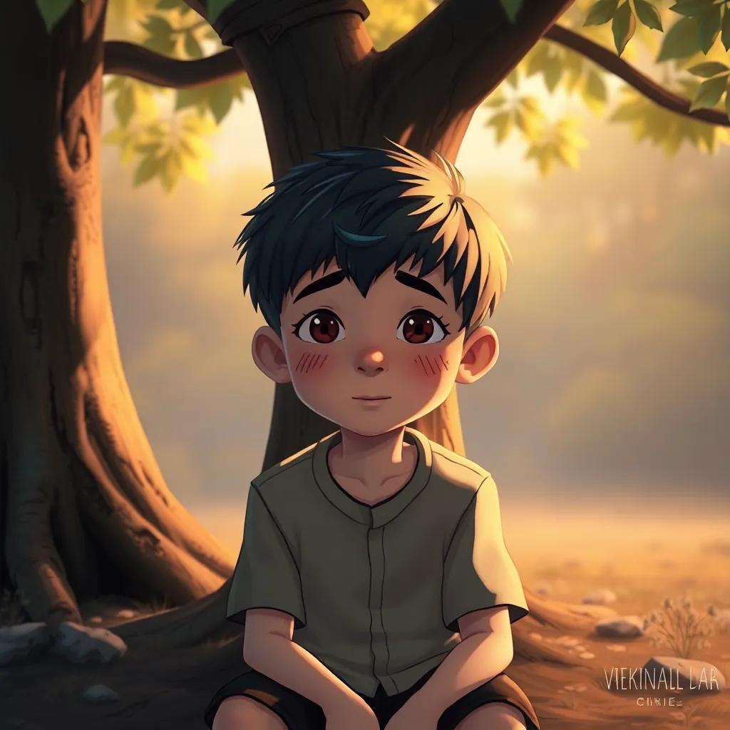A boy with a kind face, sitting under a tree, wearing a simple shirt, with burn scars on his cheek, looking lonely, soft lighting, gentle mood, digital illustration, emotional warmth, high quality