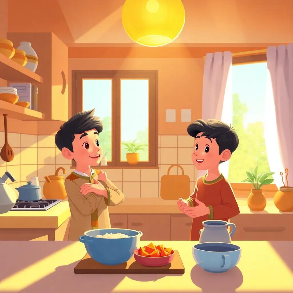 A cozy kitchen during the morning, filled with sunlight, with two boys, Muhammad and Shawqi, talking while preparing for Suhoor, warm colors, cheerful atmosphere, child-friendly art, high quality
