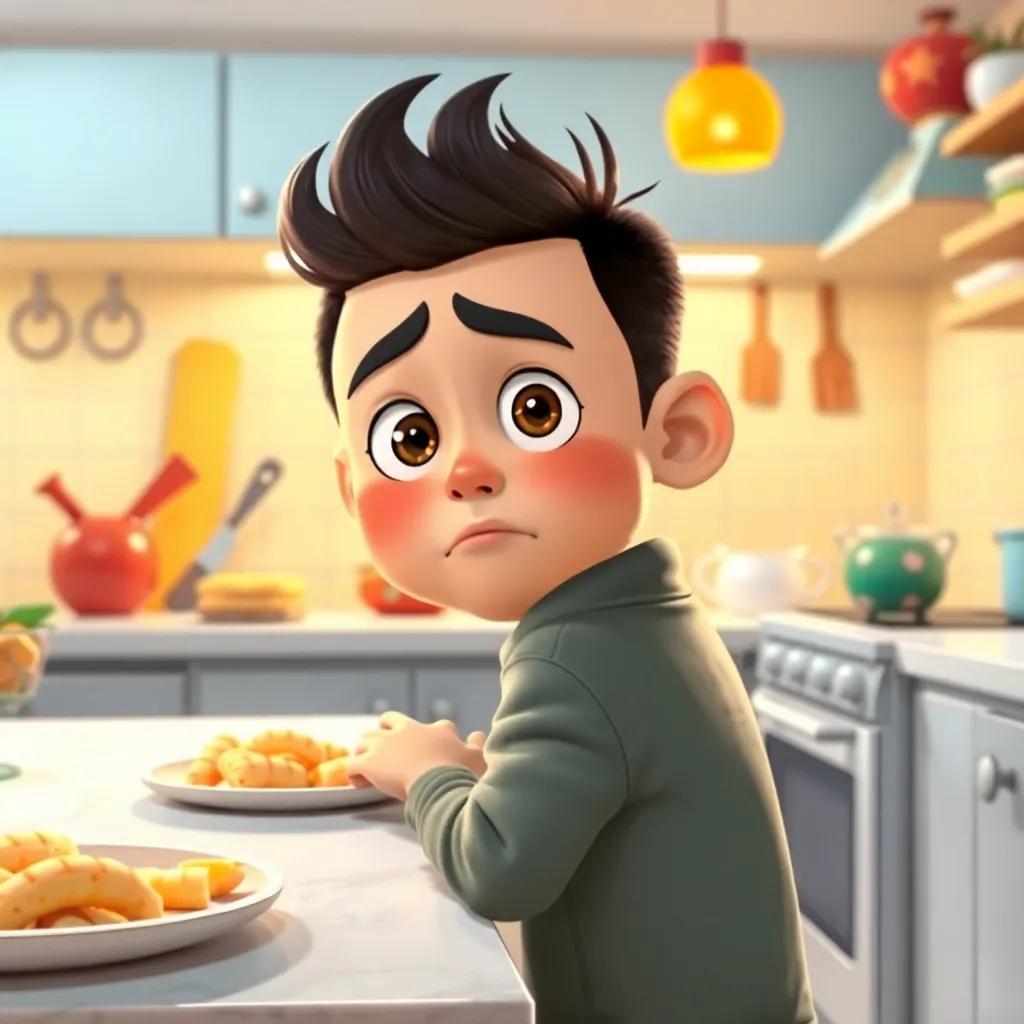 A worried boy, Shawqi, in a bright kitchen, sneaking food, looking over his shoulder, with a light-hearted expression, colorful, inviting scene, cartoon style, high quality