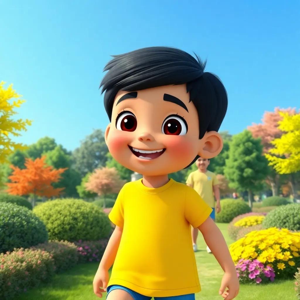 A young Arabic boy, Mahmoud, with short black hair wearing a bright yellow t-shirt and blue shorts, happily exploring a green park with a friend, colorful trees and bushes around, clear blue sky, cheerful atmosphere, vibrant colors, digital art, high quality