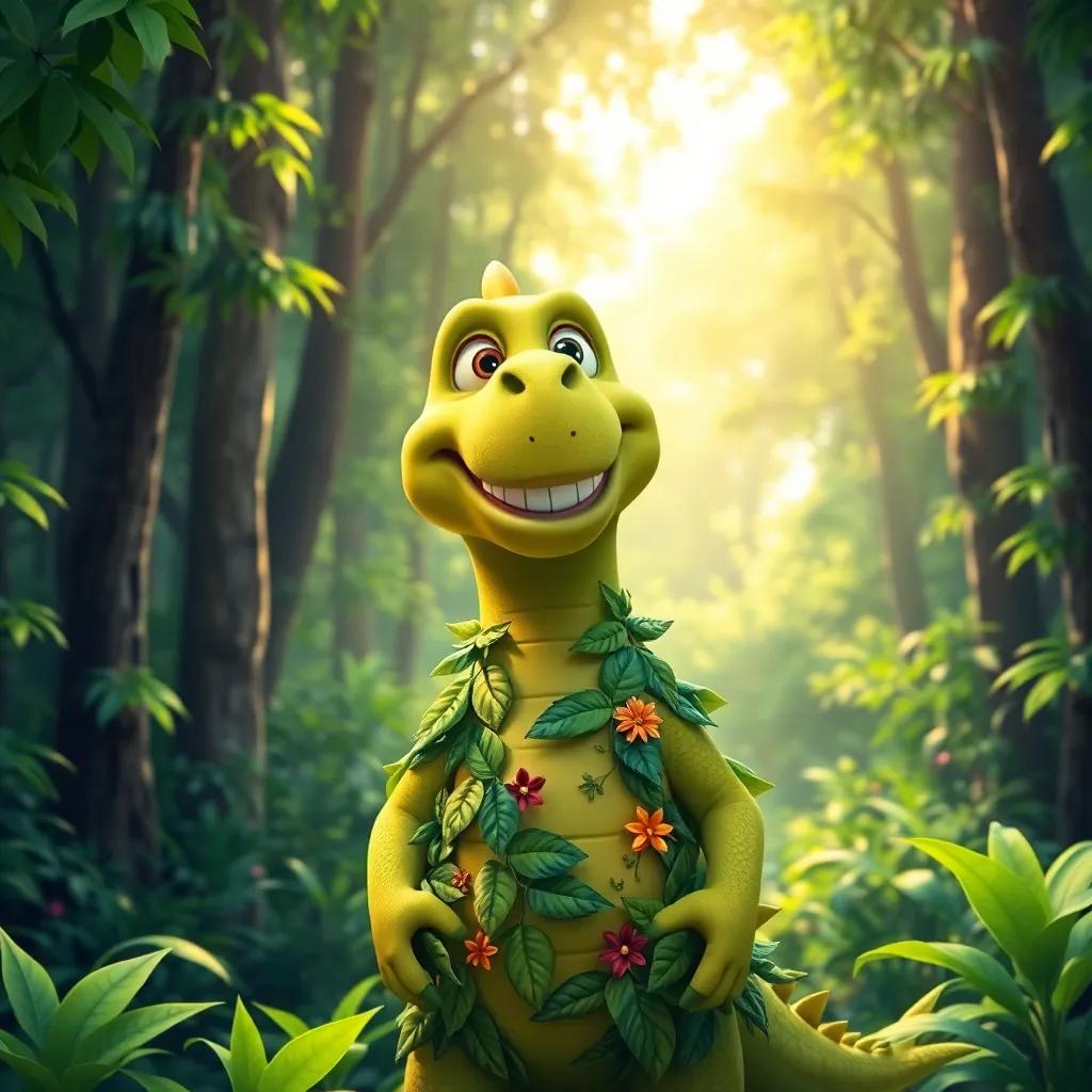A friendly dinosaur-like man, smiling while standing in a lush green forest, wearing nature-themed clothing made out of leaves and flowers, showing kindness to children, sunny light, vivid green colors, detailed illustration, child-friendly, warmth and joy