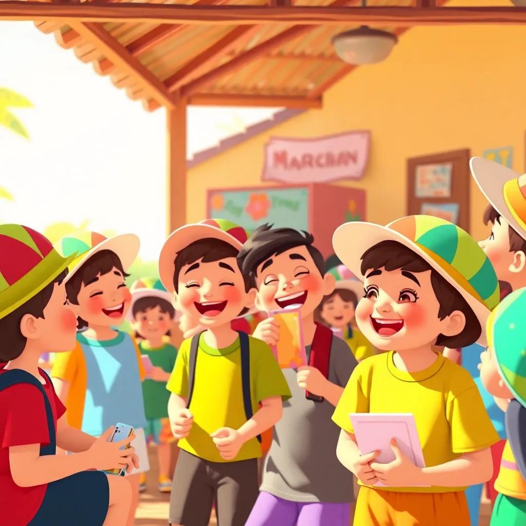 A vibrant scene at the Marchan school, children wearing colorful hats, engaging in joyful activities, laughing and sharing ideas, bright sunny background, cheerful atmosphere, digital art, vivid colors, lively and animated, high quality