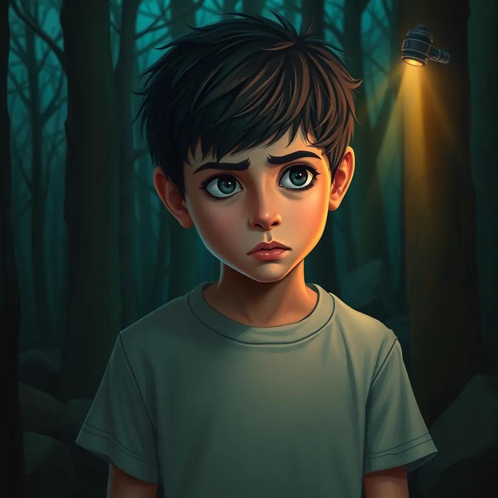 A young boy, Ali, with short, dark hair wearing a simple t-shirt, nervously looking at his friend in a dark forest illuminated by a small flashlight, mystery atmosphere, digital art, eerie colors, high quality