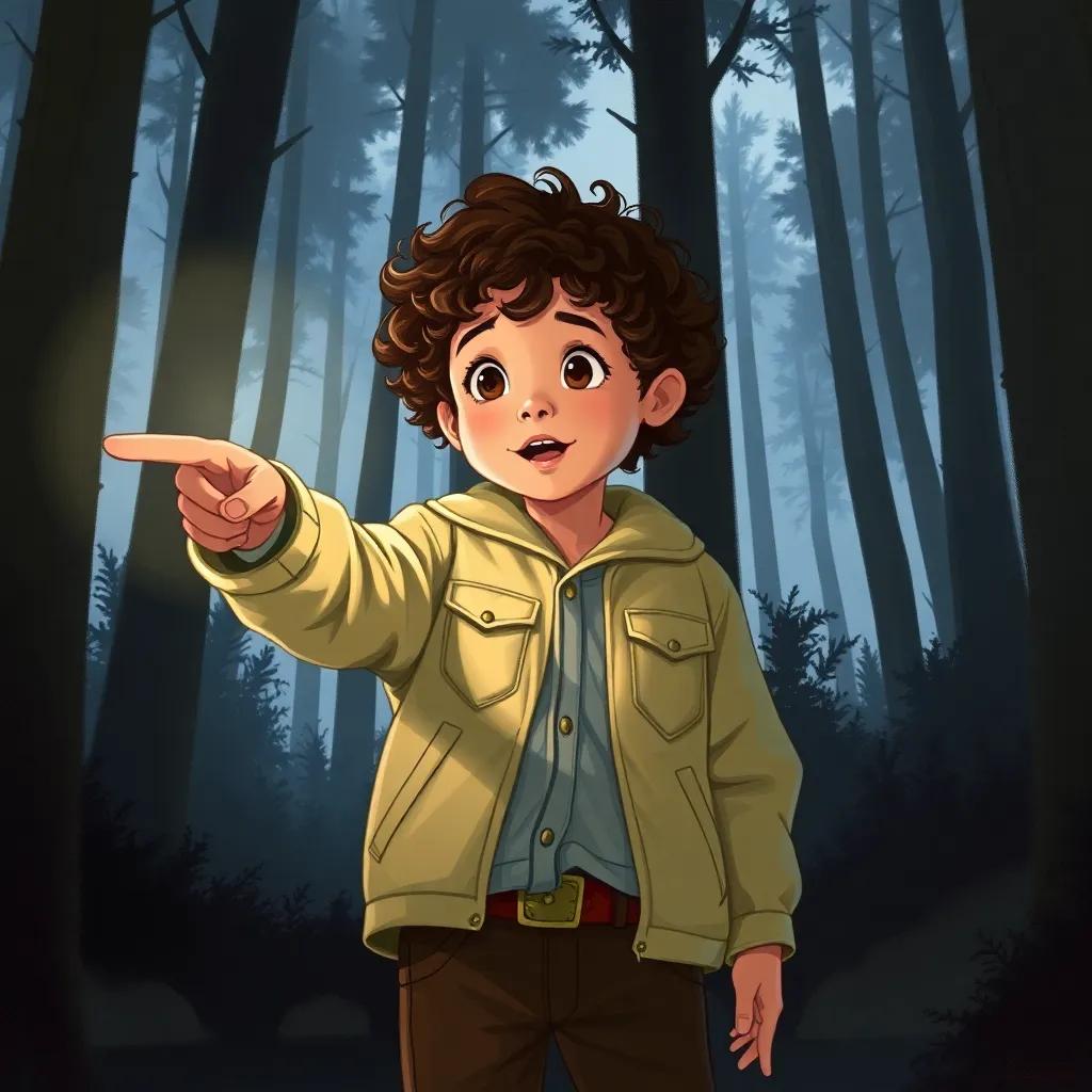 A young boy, Hisham, with curly hair wearing a light jacket, excitedly pointing at a shadow in the forest, surrounded by tall trees and dark shadows, adventure theme, illustration, bright focus, engaging perspective, lively quality