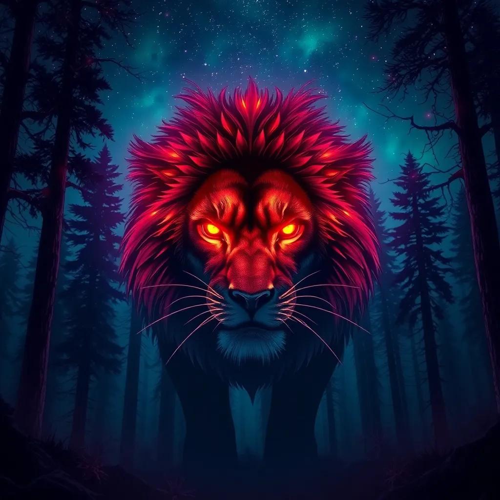 A dark and eerie forest under a starry night sky, with shimmering eyes of a fierce lion, wearing a mood of warning, surrounded by tall trees and shadows, digital art, vivid colors, mysterious atmosphere, high quality