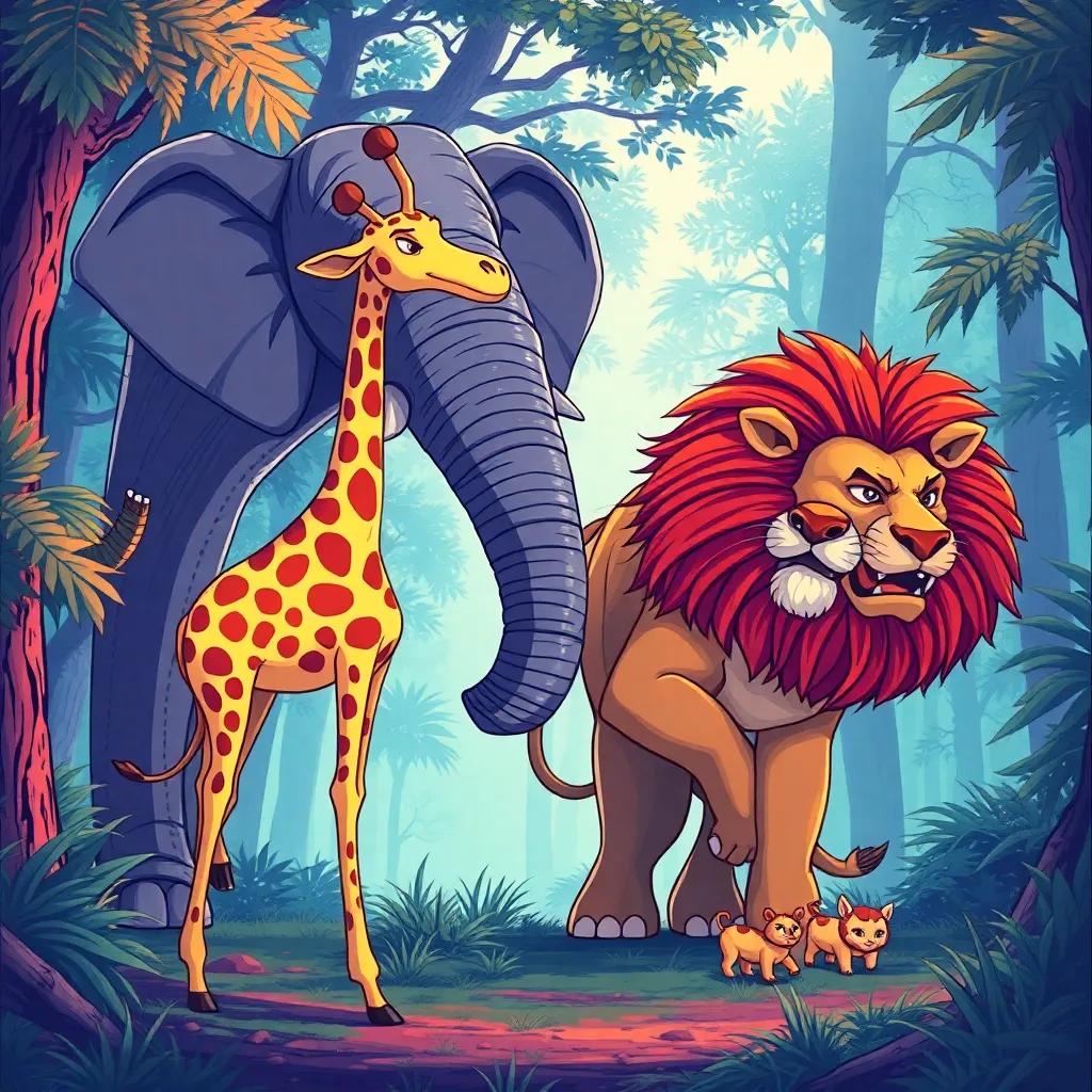 A group of brave animals, including a thin giraffe, a huge elephant, and a fierce lion, standing together in the forest, with a sense of adventure and courage, illustration, vibrant colors, dynamic perspective, child-friendly