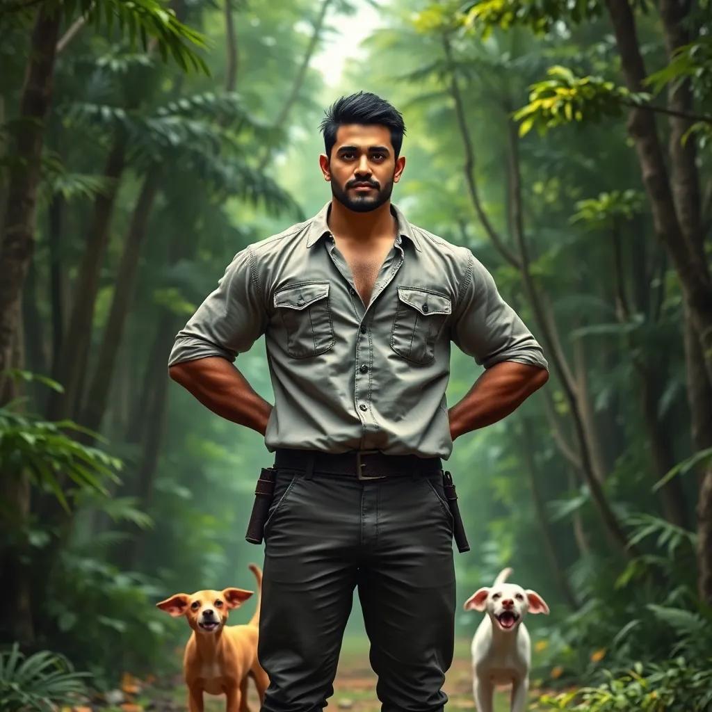 A strong man named Marwan with short black hair wearing a rugged shirt and pants, standing confidently in a lush green forest, with curious friends behind him, digital art, vibrant colors, cheerful atmosphere, high quality