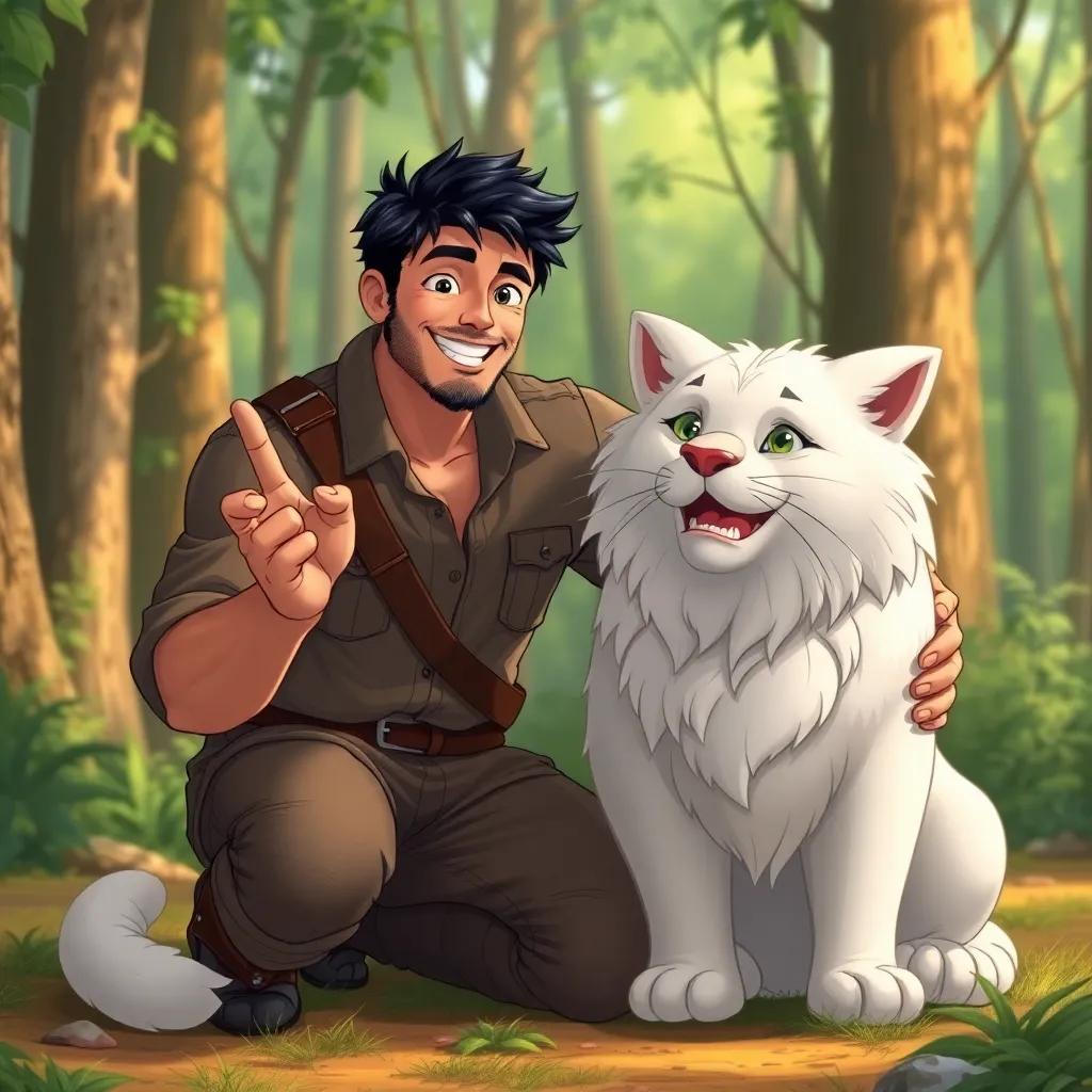 Marwan, a strong man with short black hair in a rugged shirt and pants, kneeling beside a large friendly cat in the forest, showing a warm smile and an inviting gesture, illustration, heartwarming, child-friendly, fantasy