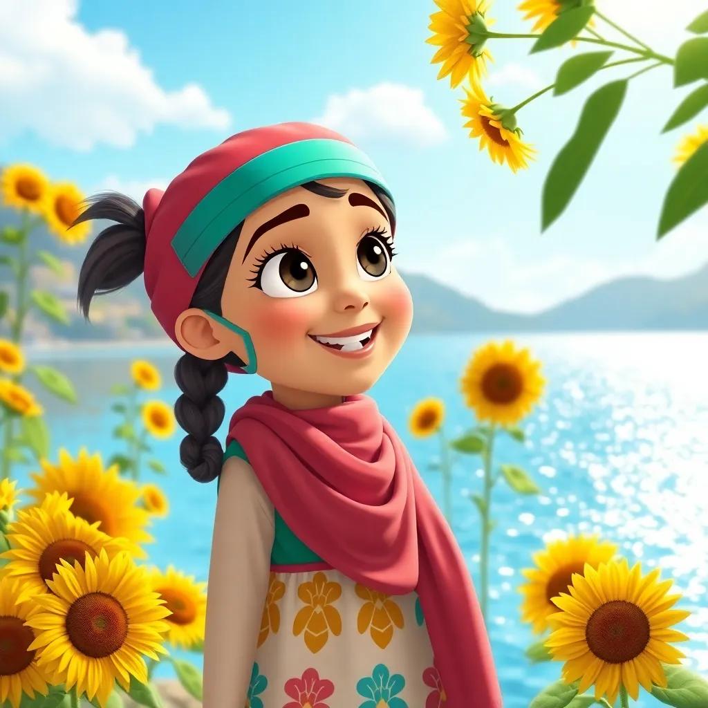 A young Arab girl, Mask, with bright eyes and a colorful dress, standing by a sparkling lake, talking excitedly to her friends, vibrant scenery with sunflowers and blue skies, joyful atmosphere, detailed, cheerful, child-friendly