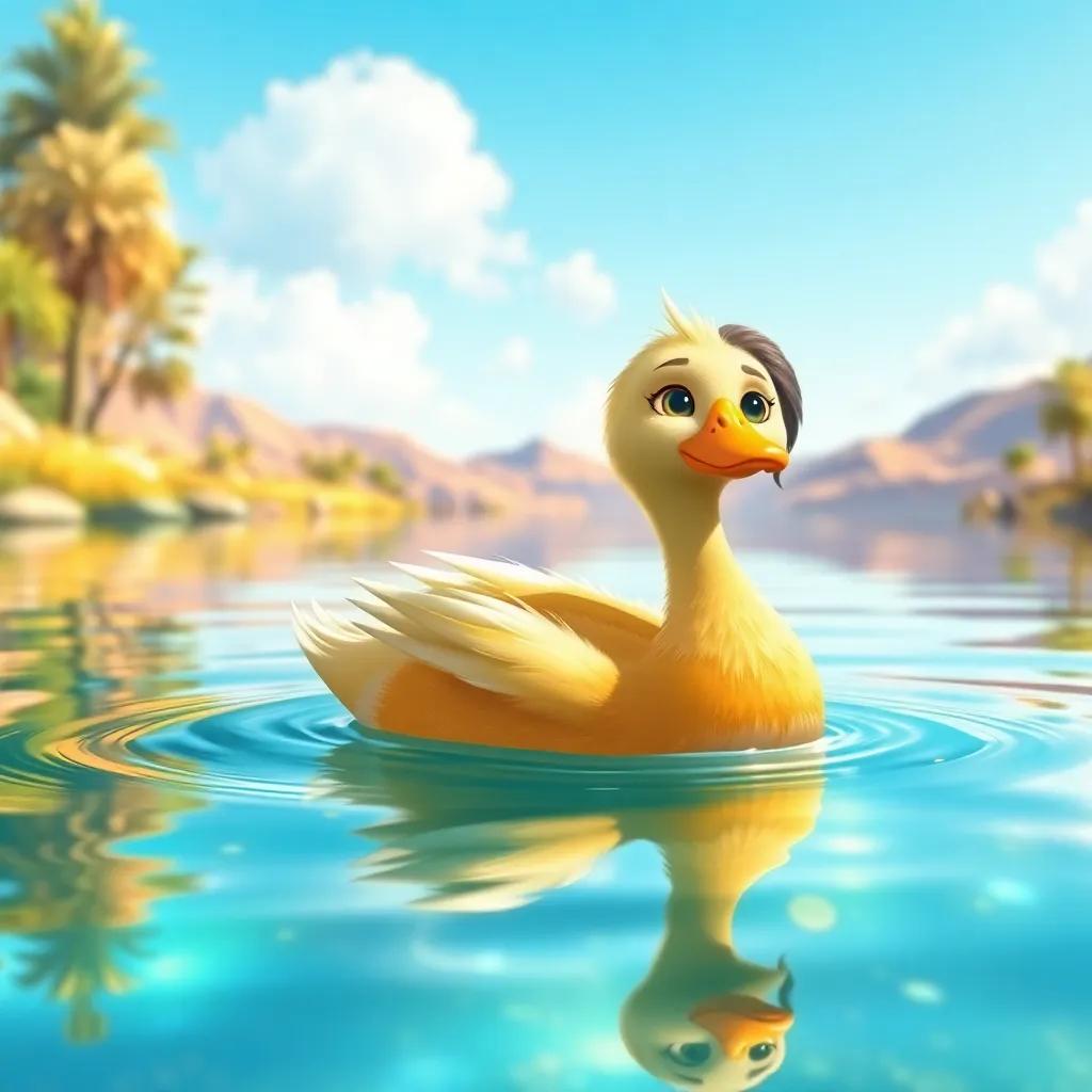 A smart duck with shiny feathers, playfully swimming in the clear lake, as a young Arab girl, Mask, watches with excitement, enchanting reflections on the water, bright colors, playful perspective, captivating illustration