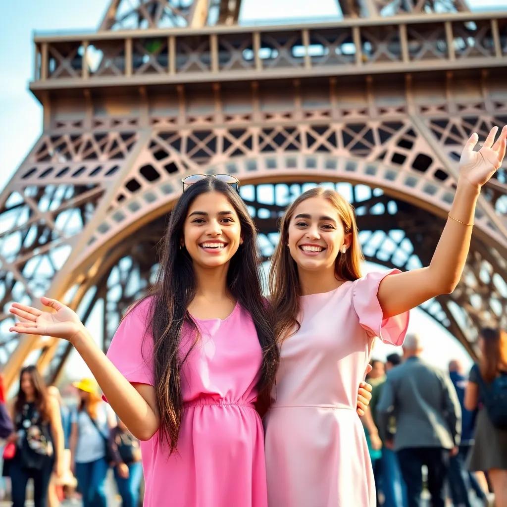 A young Arab girl, Sara, with long, brown hair, wearing a pink dress, excitedly standing at the entrance of the Eiffel Tower with her friend, smiling widely, lively crowd around them, bright daylight, cheerful atmosphere, vibrant colors, friendly tones