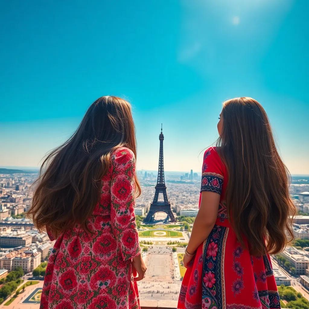 Two young Arab girls, Sara and Samia, with long, brown hair wearing colorful dresses, standing at the top of the Eiffel Tower, looking amazed at the beautiful city of Paris below, clear blue skies, bright sunlight, picturesque landscape, joyful, high-quality