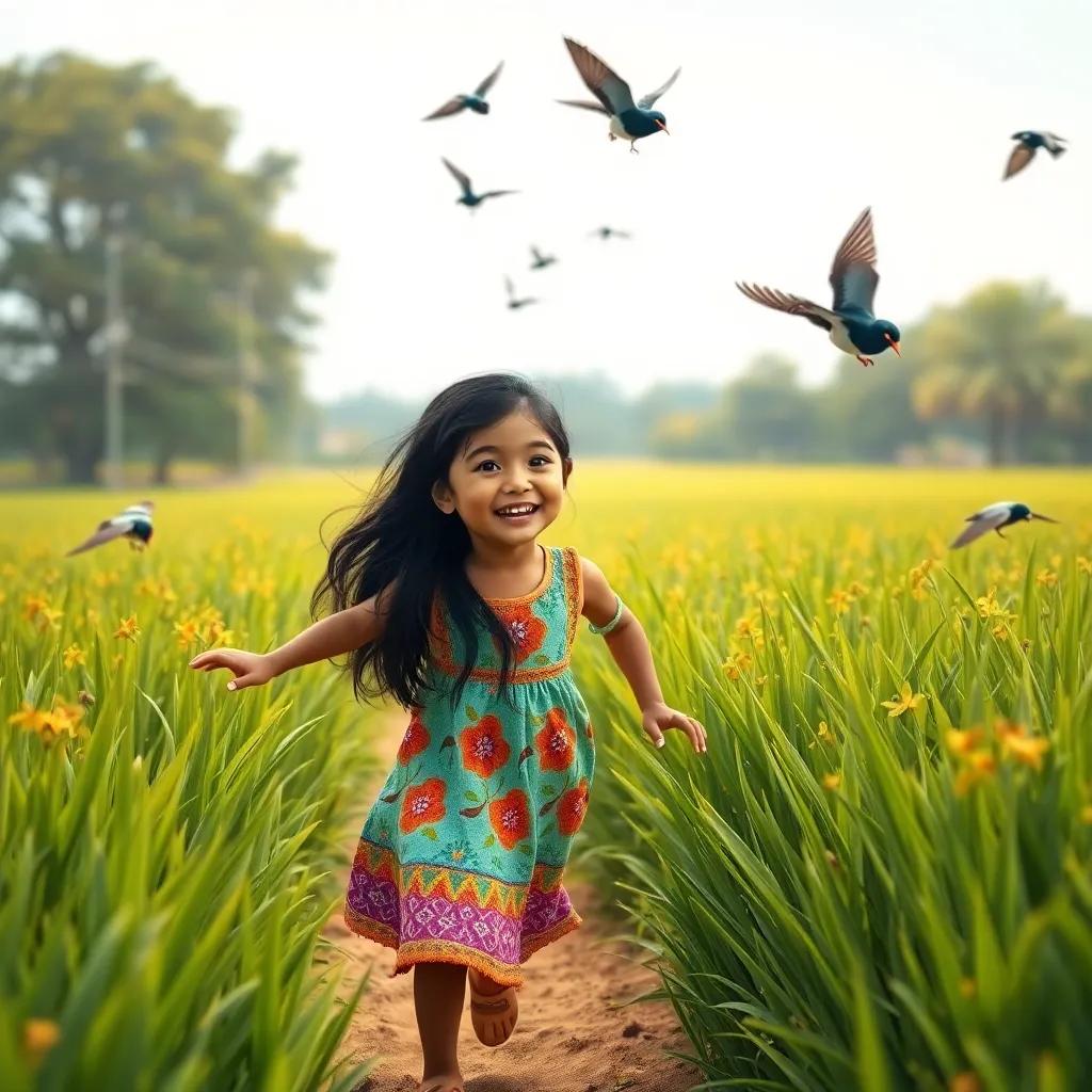 A cheerful young Egyptian girl, Aisha, with long black hair wearing a colorful dress, running through green fields with singing swallows, bright day, cheerful colors, child-friendly scene, digital art, vibrant and lively, nature view, high quality