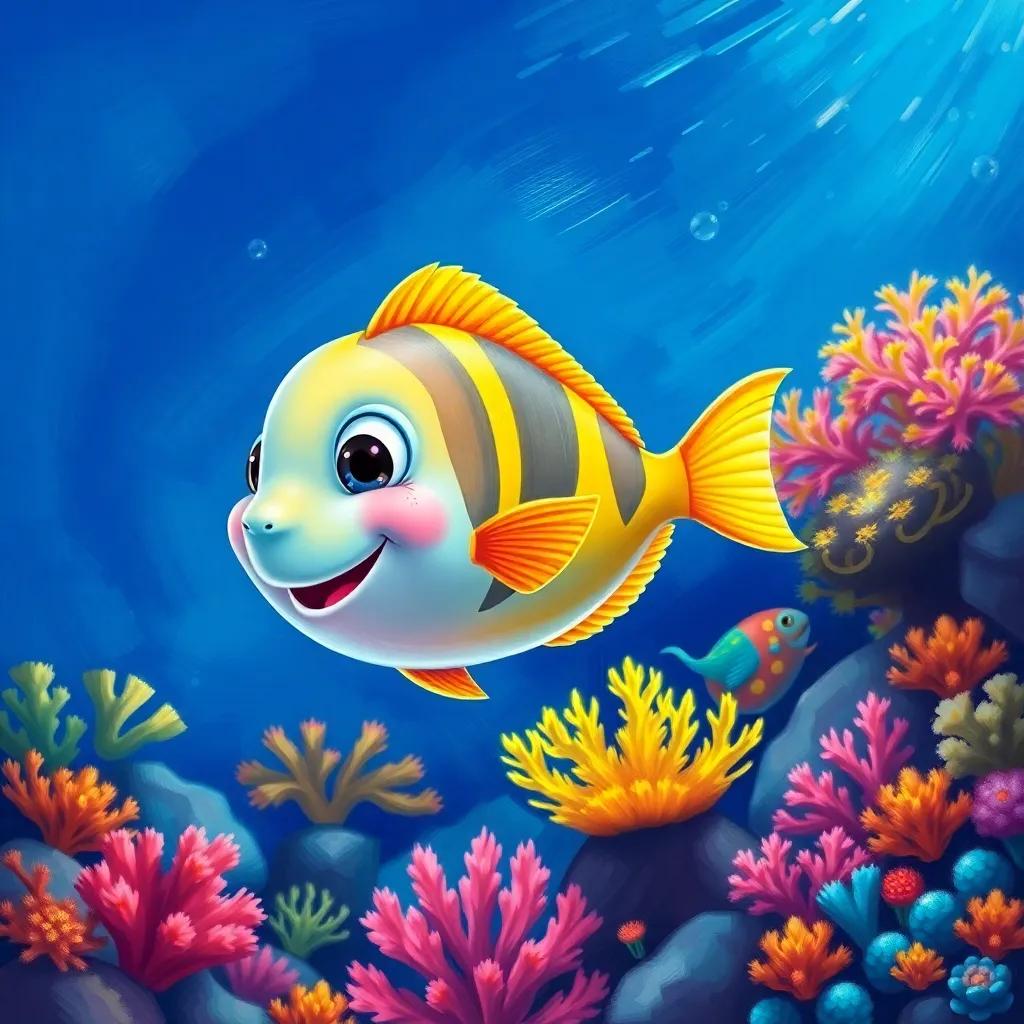 A little fish named Leila, swimming joyfully in the deep blue ocean, colorful coral reefs around her, vibrant underwater scene, cheerful atmosphere, child-friendly, digital art, high quality