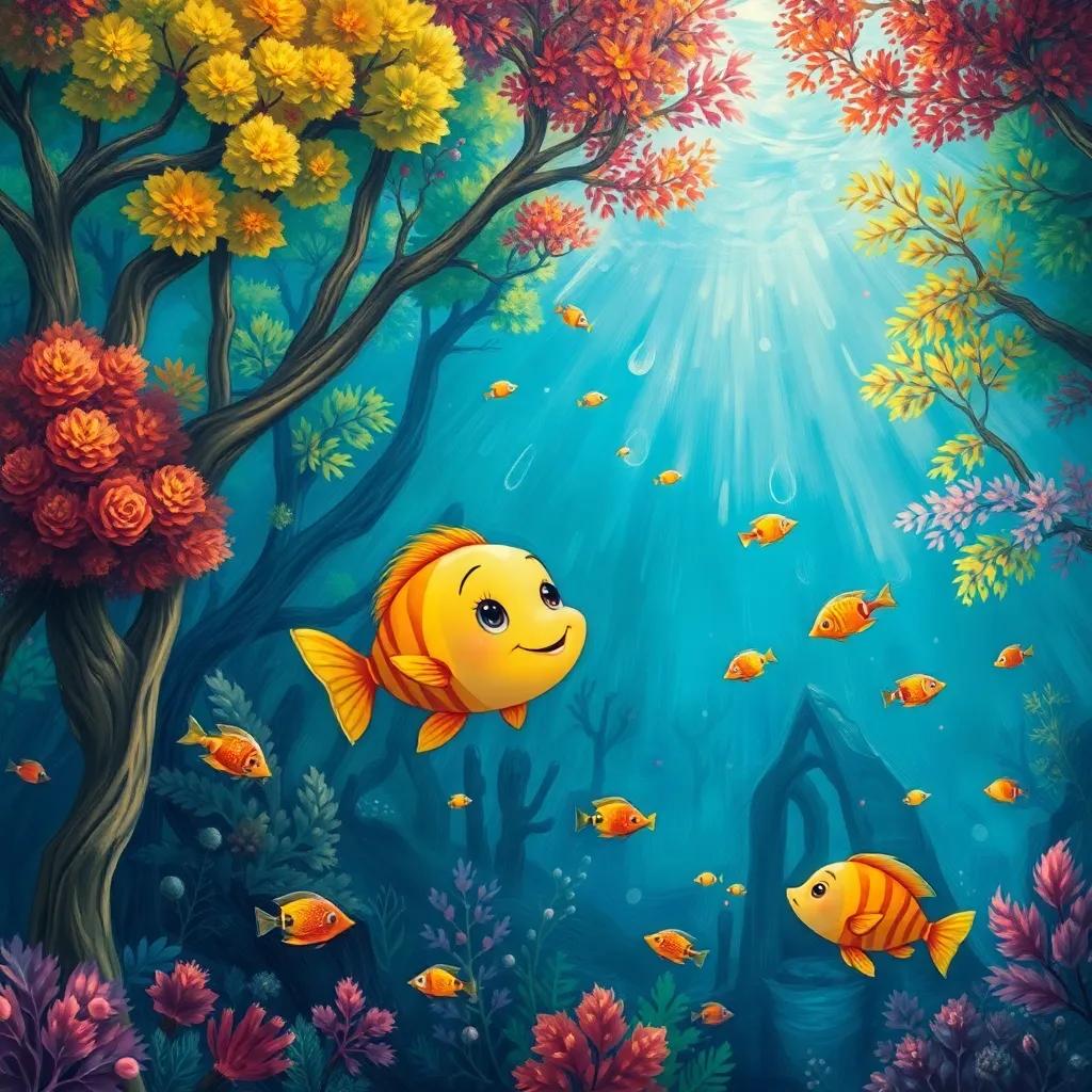 Leila, the little fish, surrounded by colorful trees and playful fish in an underwater forest, bright colors and light filtering through the water, playful and adventurous vibe, illustration, high quality